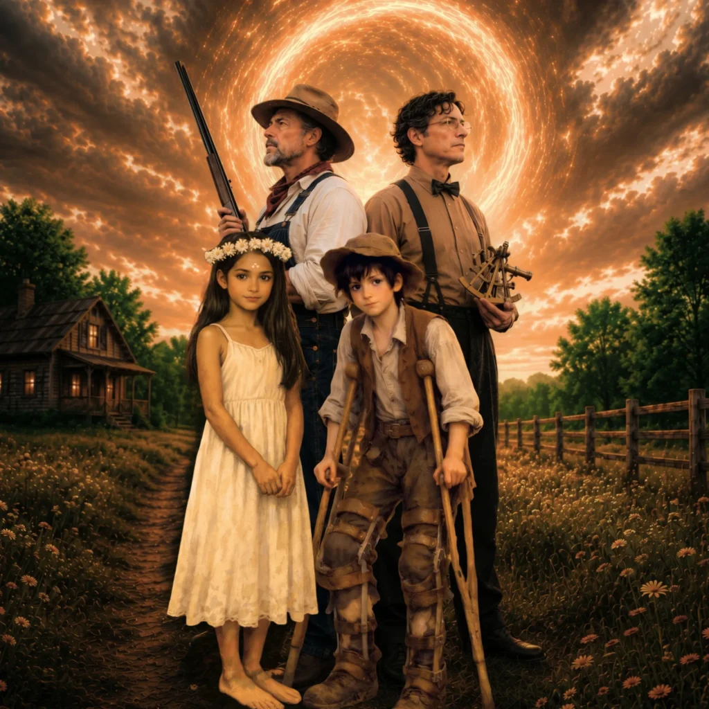 Vintage-style fantasy farm scene with two adults and two children standing in a wildflower field beneath a glowing fiery sky portal.